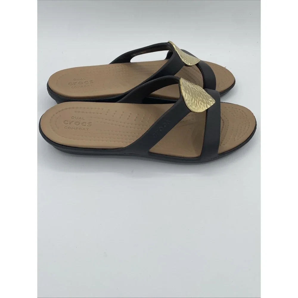 Crocs Sanrah Hammered Tear Drop Sandal Espresso Gold Womens 10